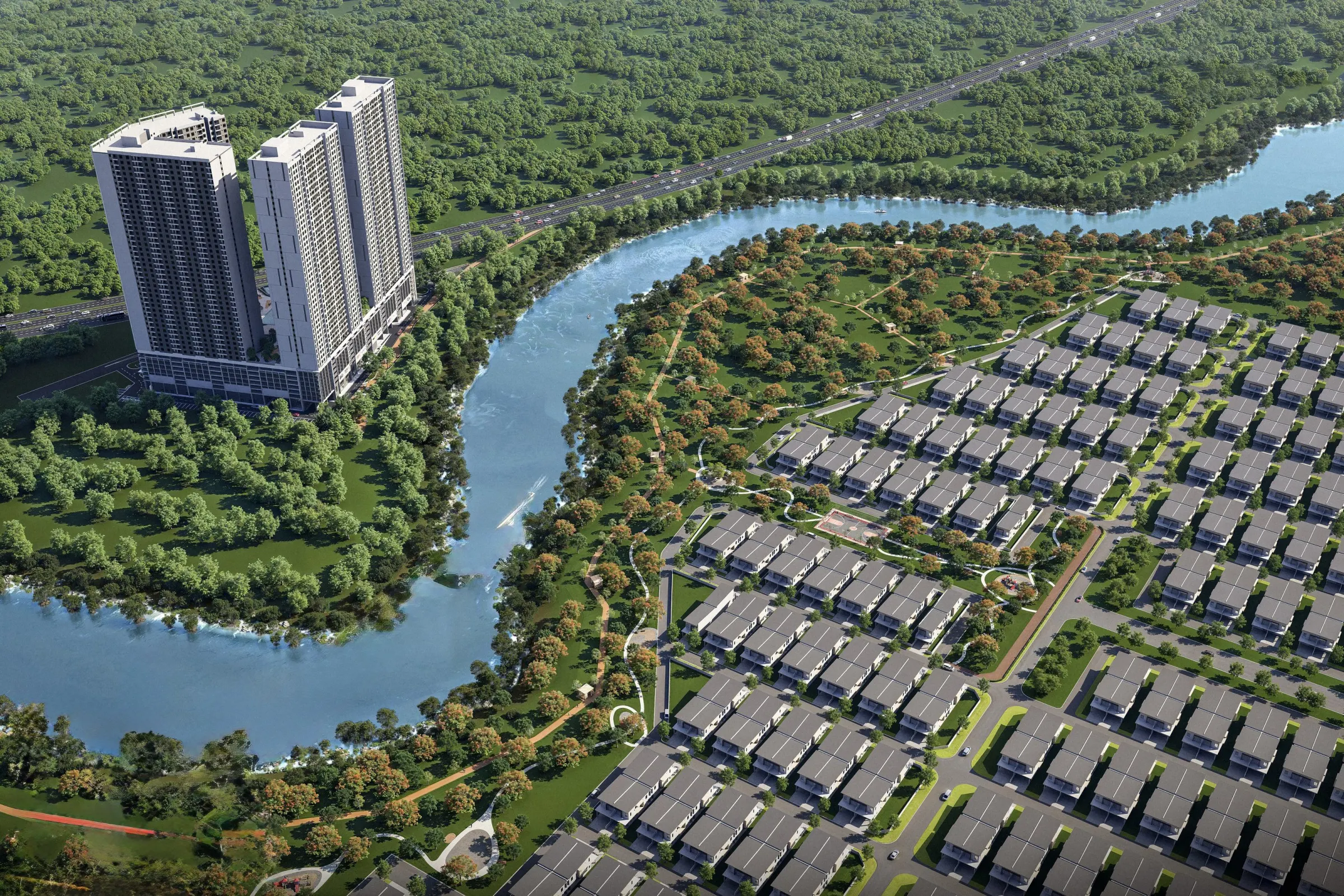 Aerial of Riveria Garden @ Wawari: Riverhaus towers, the Sungai Melayu and the landed homes, artist's impression